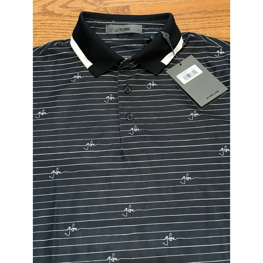 NWT G/Fore Men's Golf Short Sleeve Striped Polo Shirt Size S Onyx Logo Spell Out